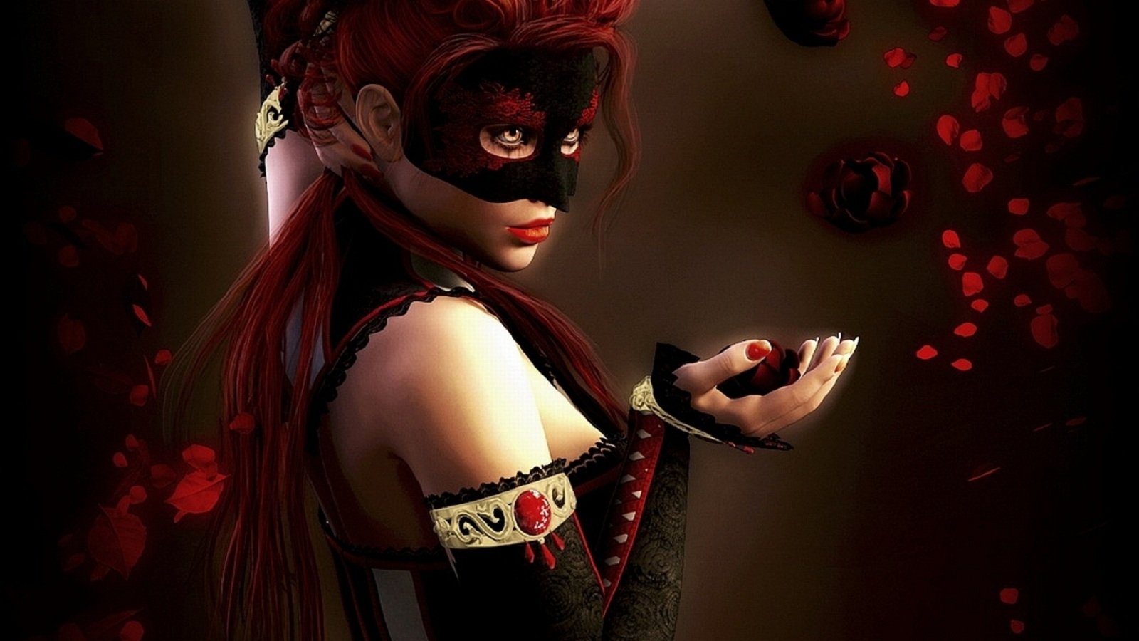 A fantasy woman with red hair and a black mask holds a glowing red orb, surrounded by floating red petals in a dark, mysterious atmosphere.