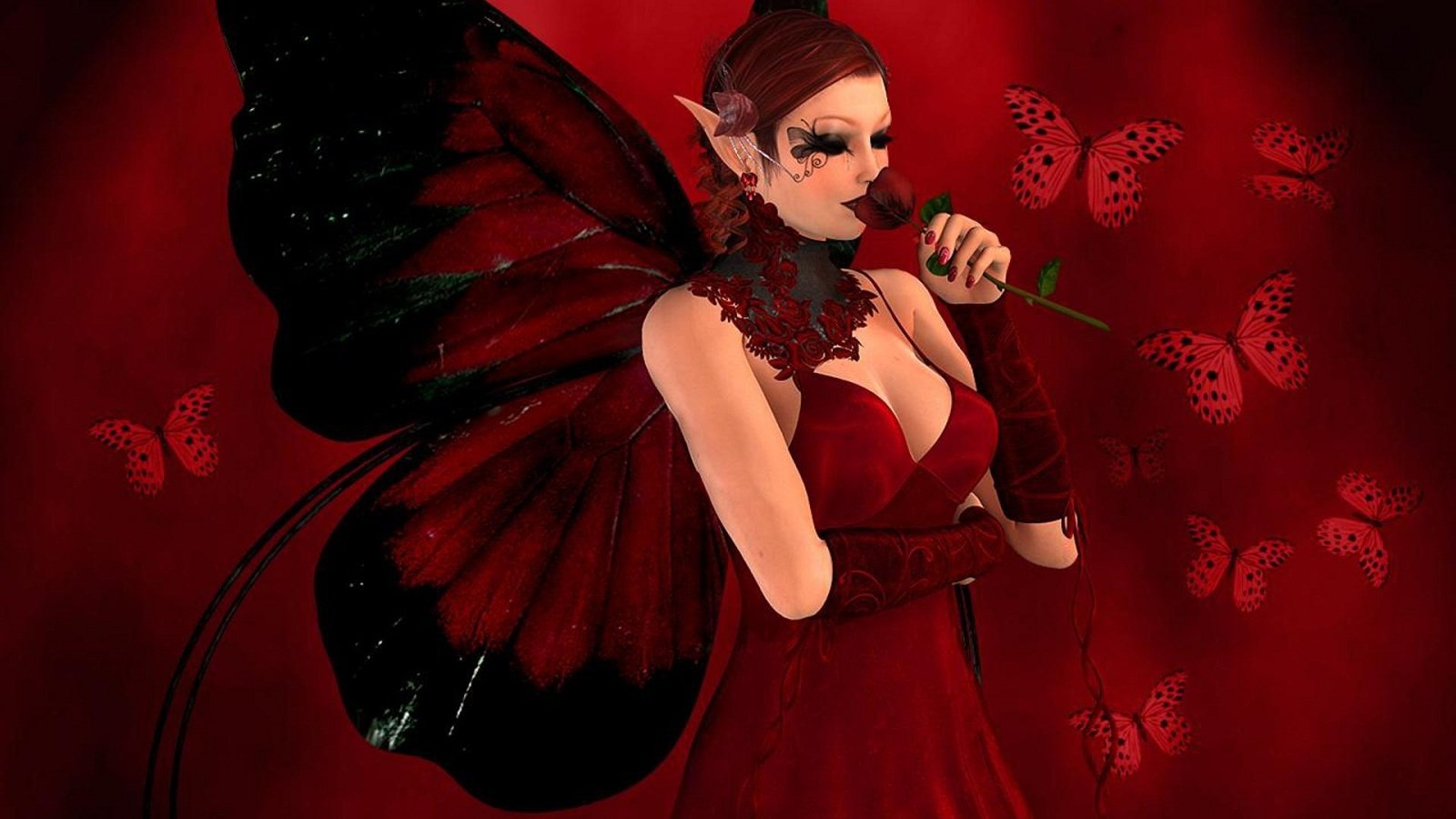 A fantasy fairy with large black and red wings, wearing a matching red dress, delicately holding a flower against a deep red background adorned with butterfly silhouettes.