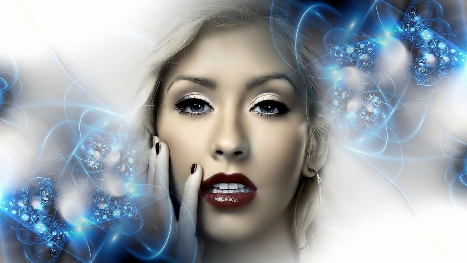 Digital artwork featuring a close-up of Christina Aguilera with glowing blue abstract music-themed patterns surrounding her.