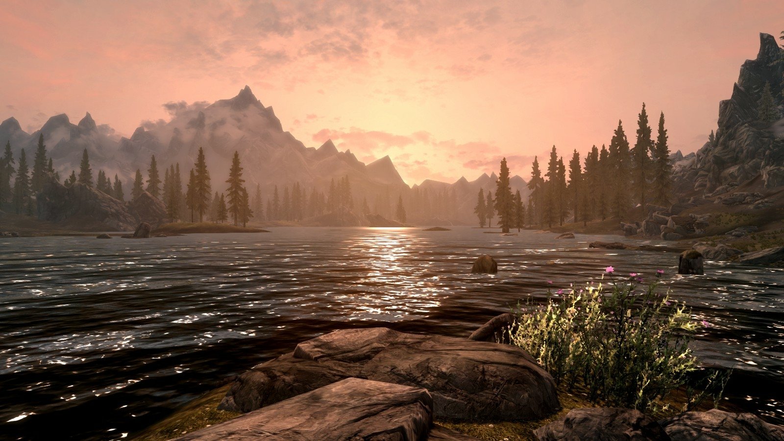 A serene landscape from The Elder Scrolls V: Skyrim, featuring a tranquil lake reflecting the sunset, surrounded by majestic mountains and lush pine trees.