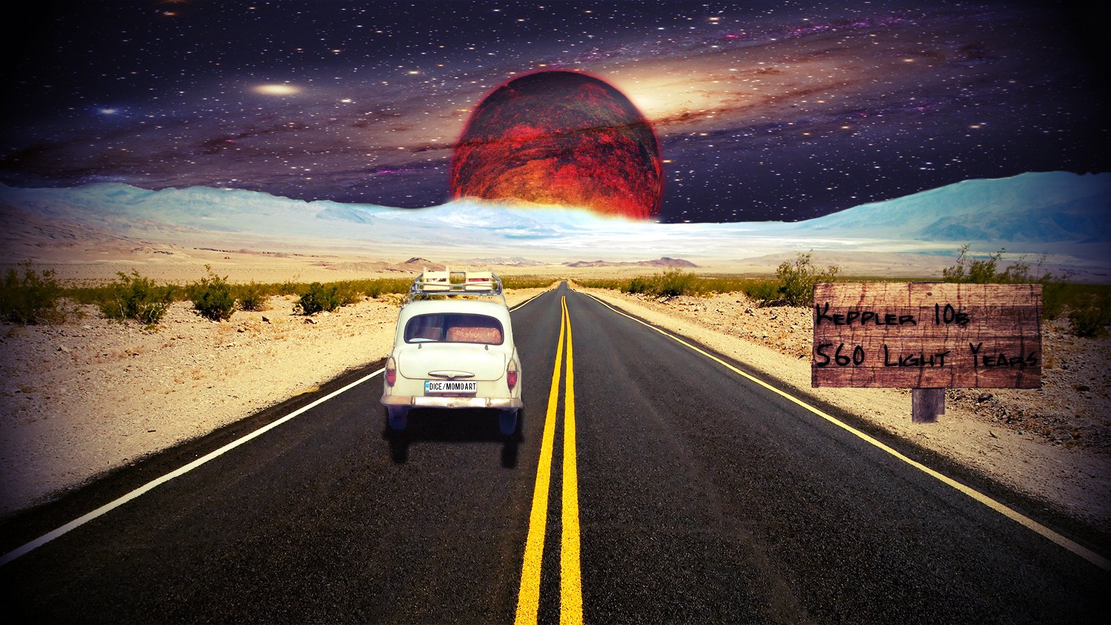 A car drives on a road through a desert landscape beneath a starry sky, with a large red planet and a distant galaxy creating a striking sci-fi scene.