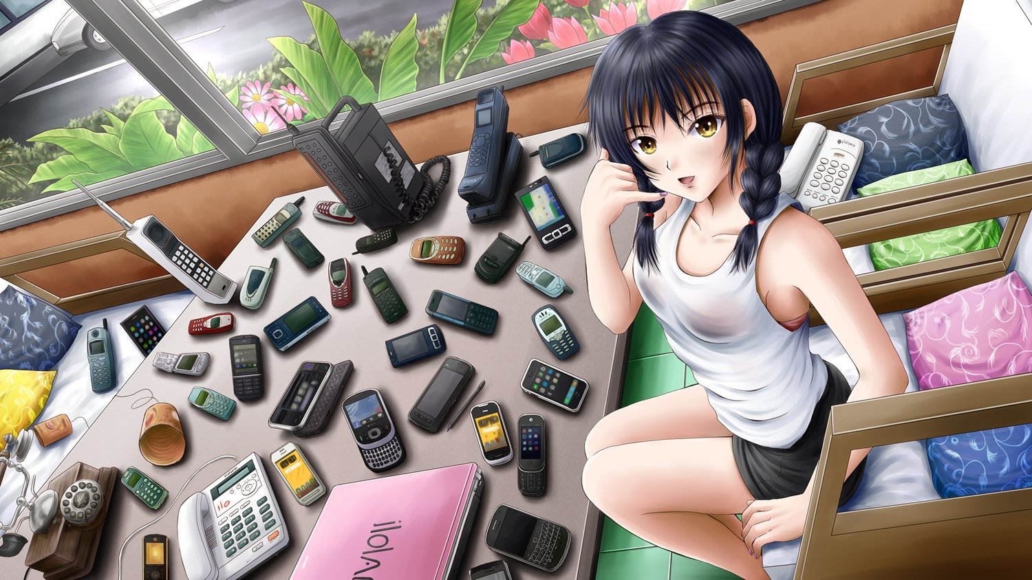 A girl in an anime style sits at a table surrounded by various mobile phones, showcasing a mix of vintage and modern designs, with a lively outdoor view in the background.