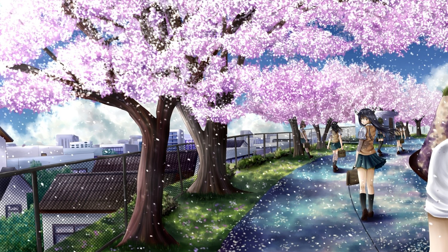 Anime original: a schoolgirl in uniform walks a sakura-lined path as pink petals drift over a sunlit cityscape and blue sky.