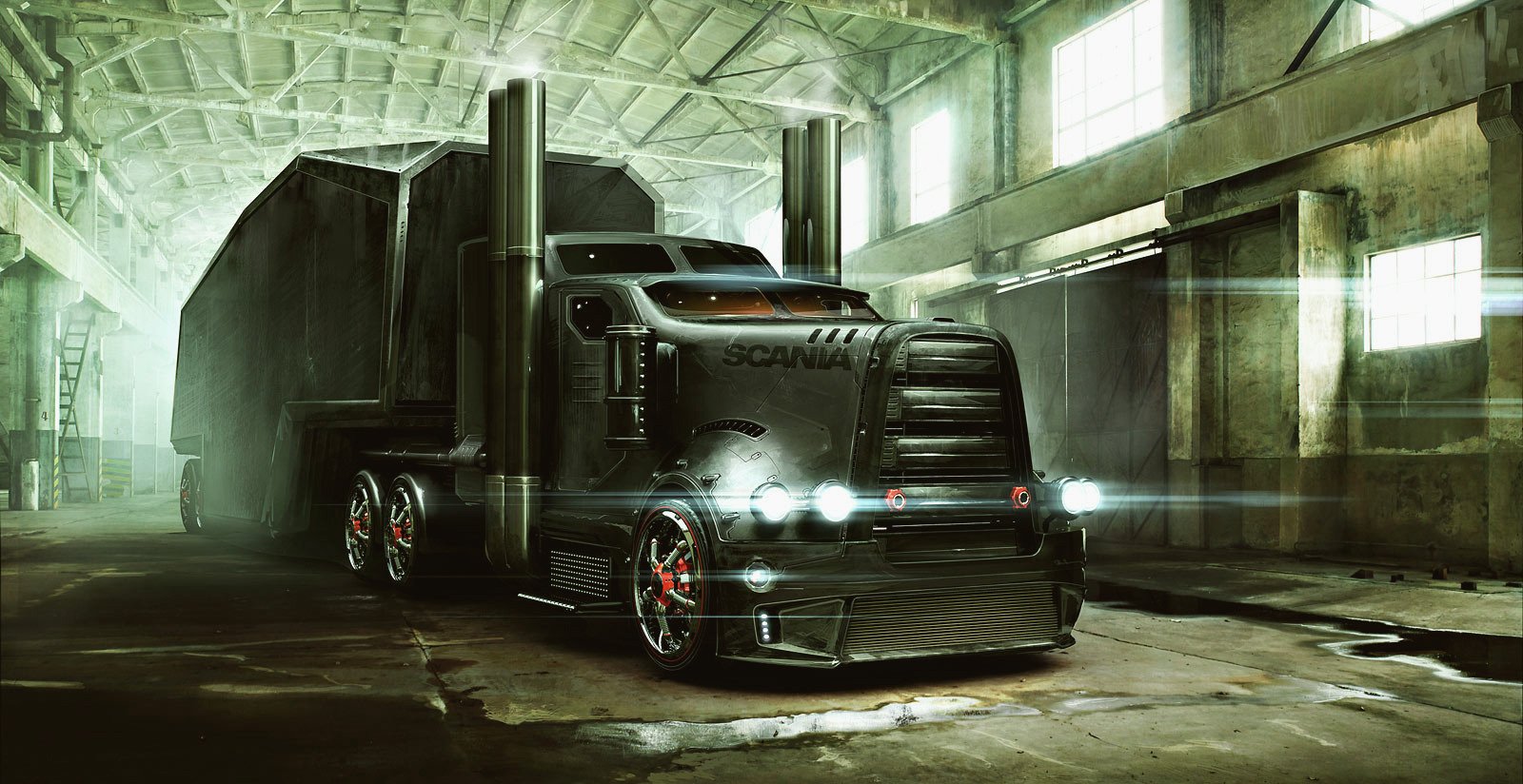 A sleek black truck with large exhaust pipes stands in an industrial warehouse, illuminated by beams of light filtering through large windows. The setting enhances its powerful presence.