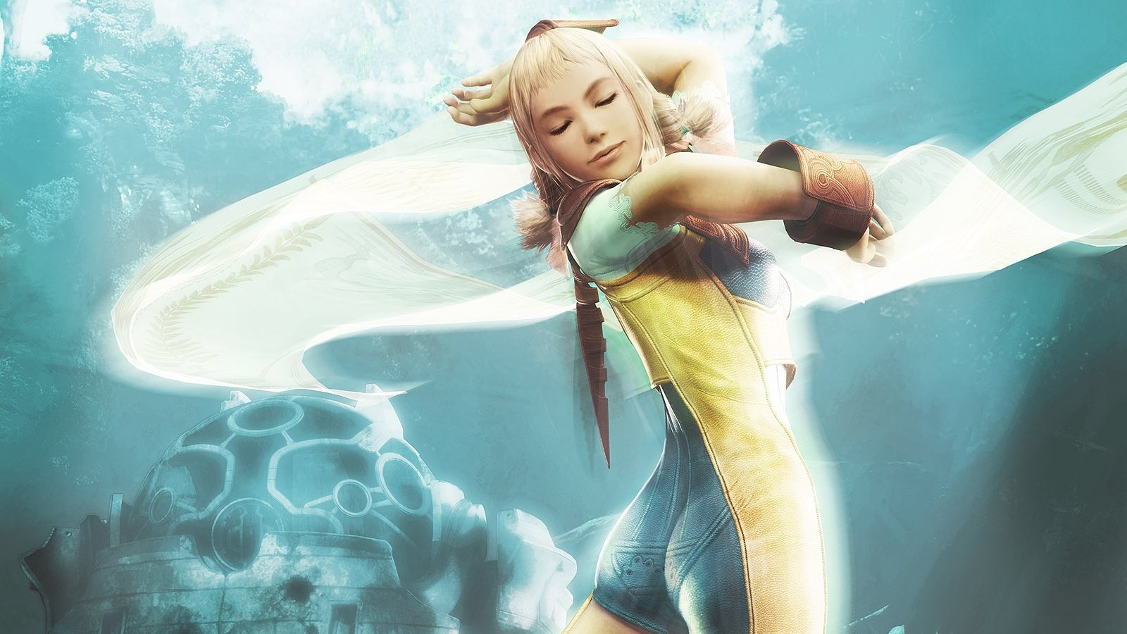 A character from the video game Final Fantasy XII gracefully poses underwater, surrounded by ethereal light and flowing fabric, capturing a moment of elegance and serenity.