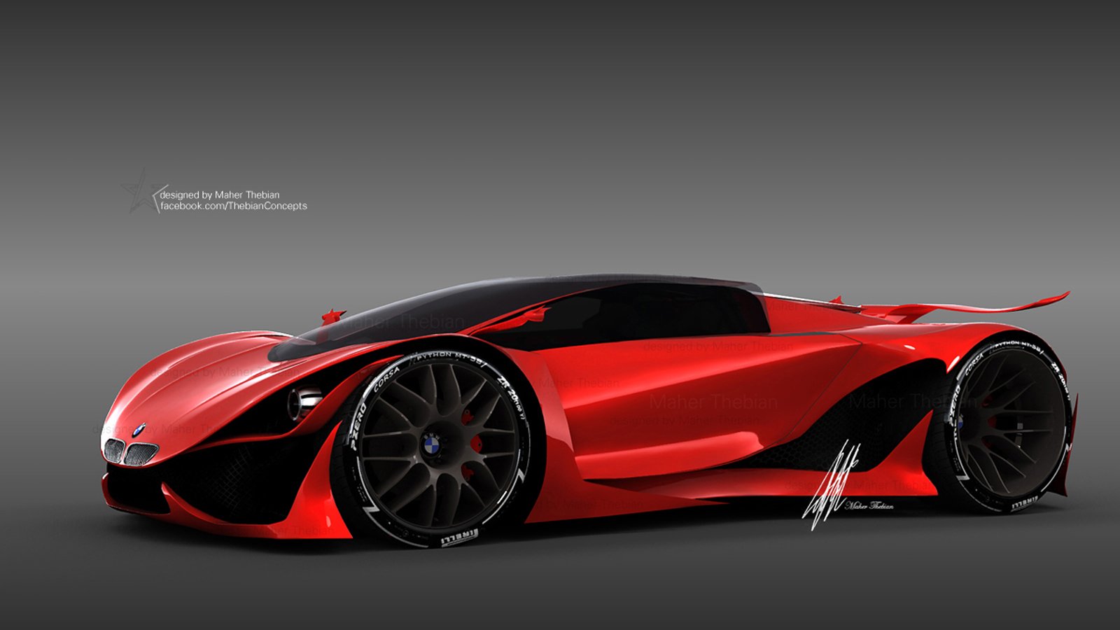 3D render of a red BMW MT-58 concept supercar: low-slung, aerodynamic design with exposed wheel arches, large black wheels and a sweeping rear wing.