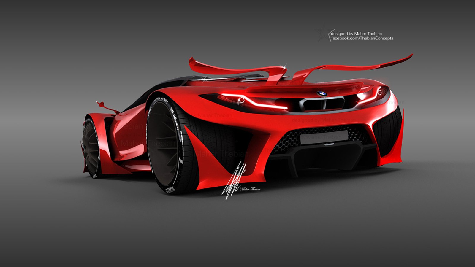 Red 3D-rendered BMW MT-58 concept vehicle supercar with low-slung aerodynamic design, exposed wheels and sculpted bodywork.