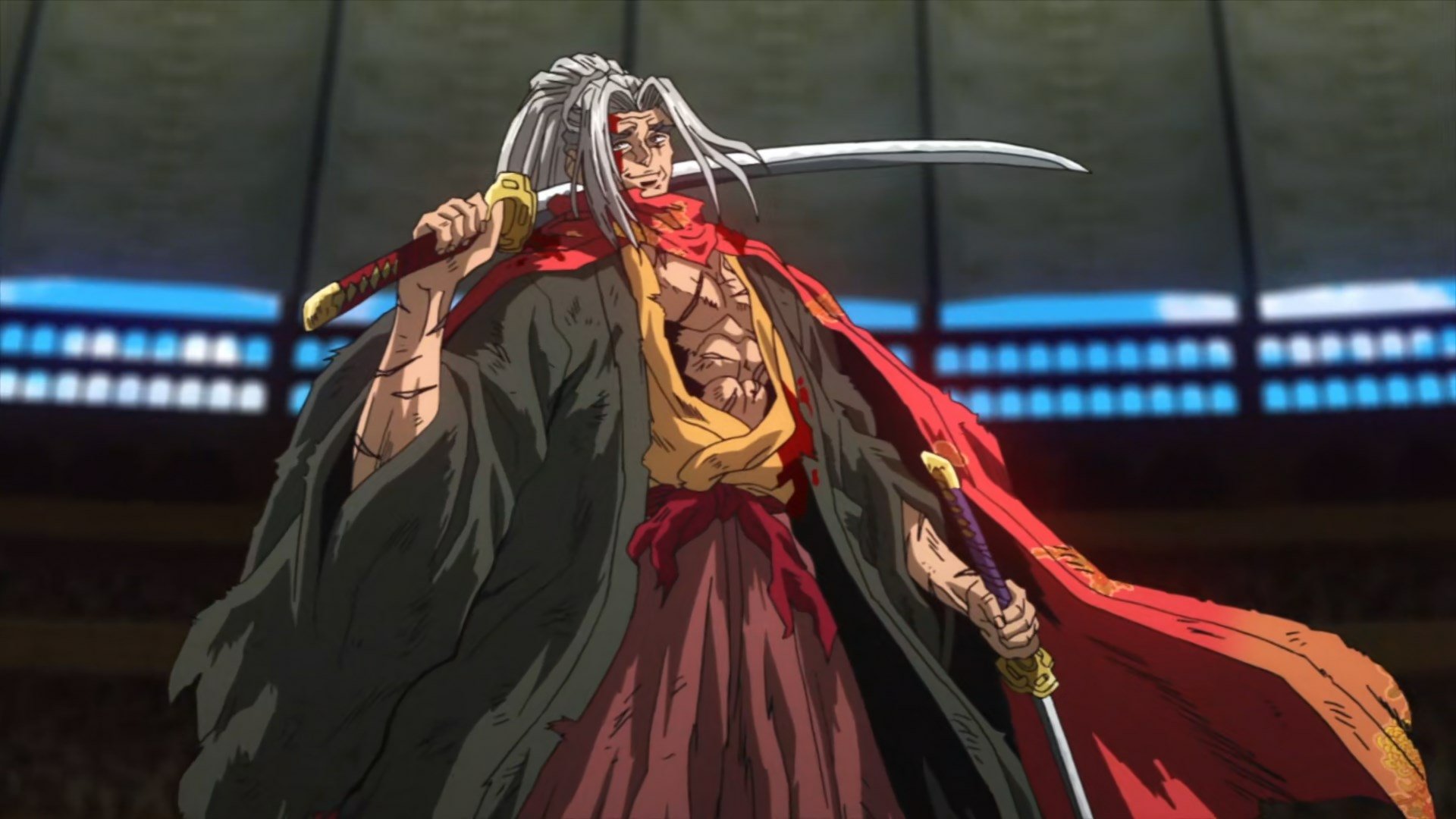 Record of Ragnarok: a battle-scarred samurai with long white hair and flowing red cloak grips a katana in a coliseum-like arena.