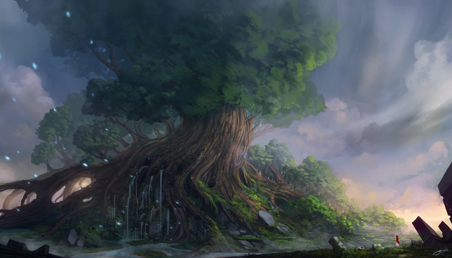 A massive ancient tree with sprawling roots dominates a misty fantasy landscape under a moody sky.