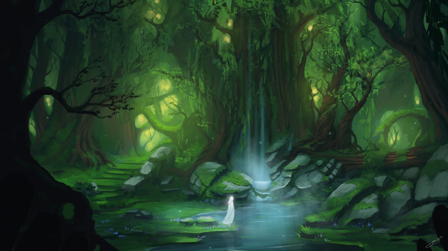 A mystical fantasy landscape featuring a glowing forest with ancient trees, cascading waterfalls, and a serene pool illuminated by soft green light.