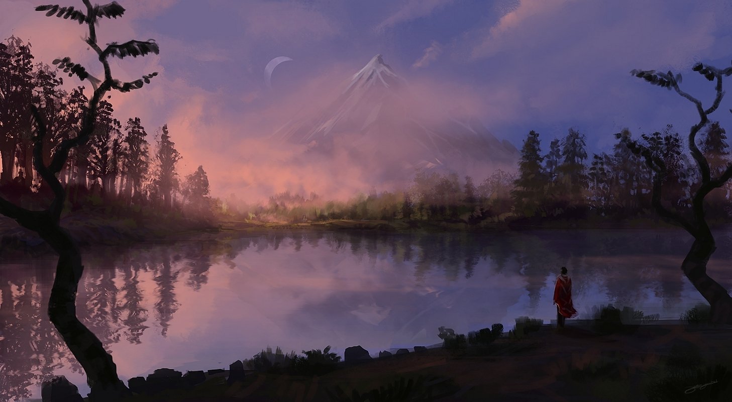 A serene fantasy landscape features a tranquil lake reflecting misty mountains and a colorful sky, with a lone figure walking along the shore amid lush trees.