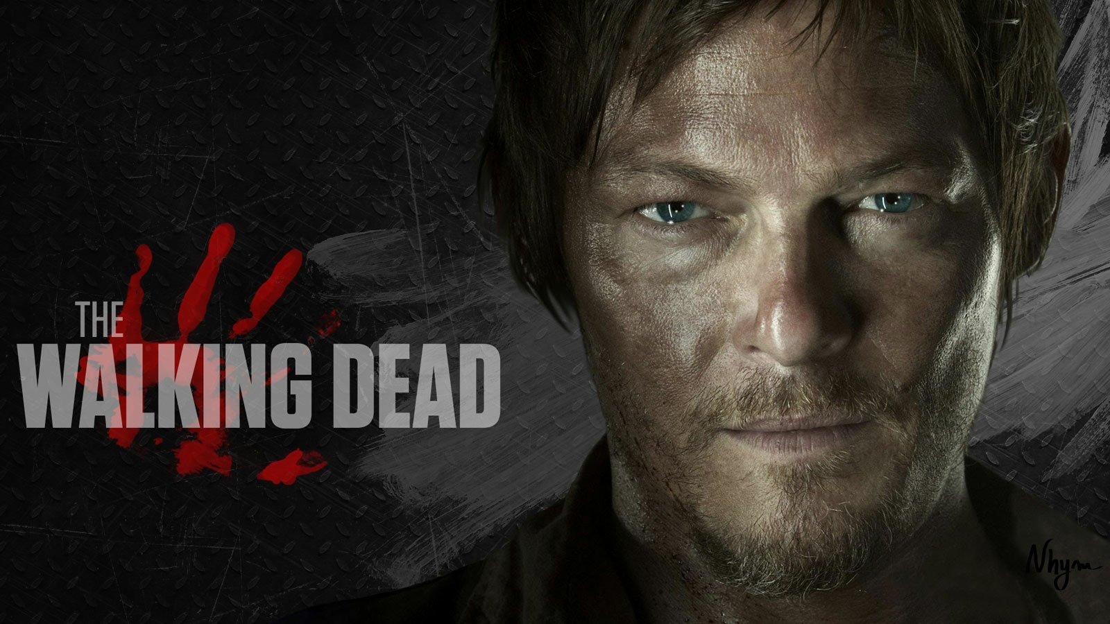 Close-up of Daryl Dixon, portrayed by Norman Reedus, from the TV show The Walking Dead, featuring his intense gaze and rugged appearance against a dark background.