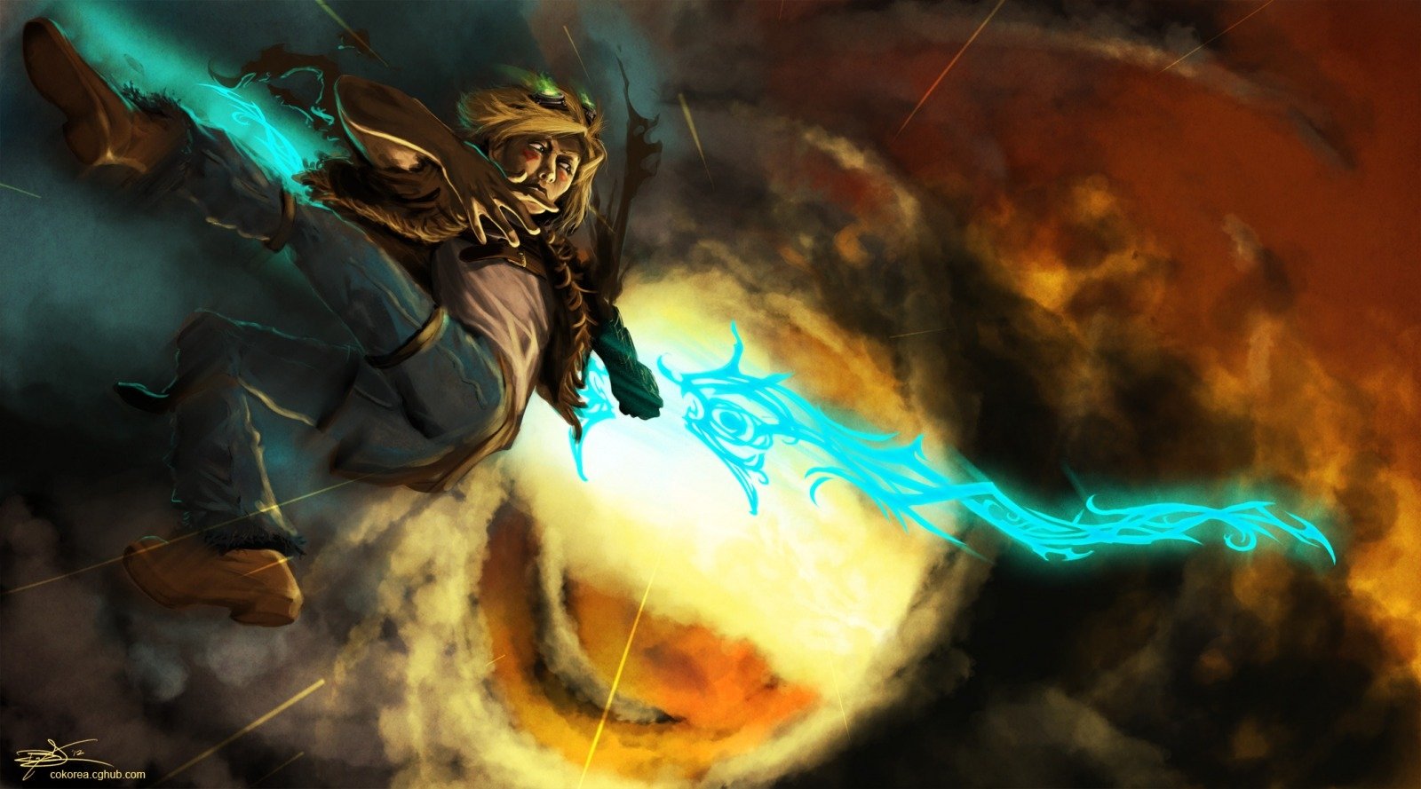 Ezreal from League of Legends unleashes a glowing blue energy blast amid a swirling, fiery background in this dynamic video game artwork.