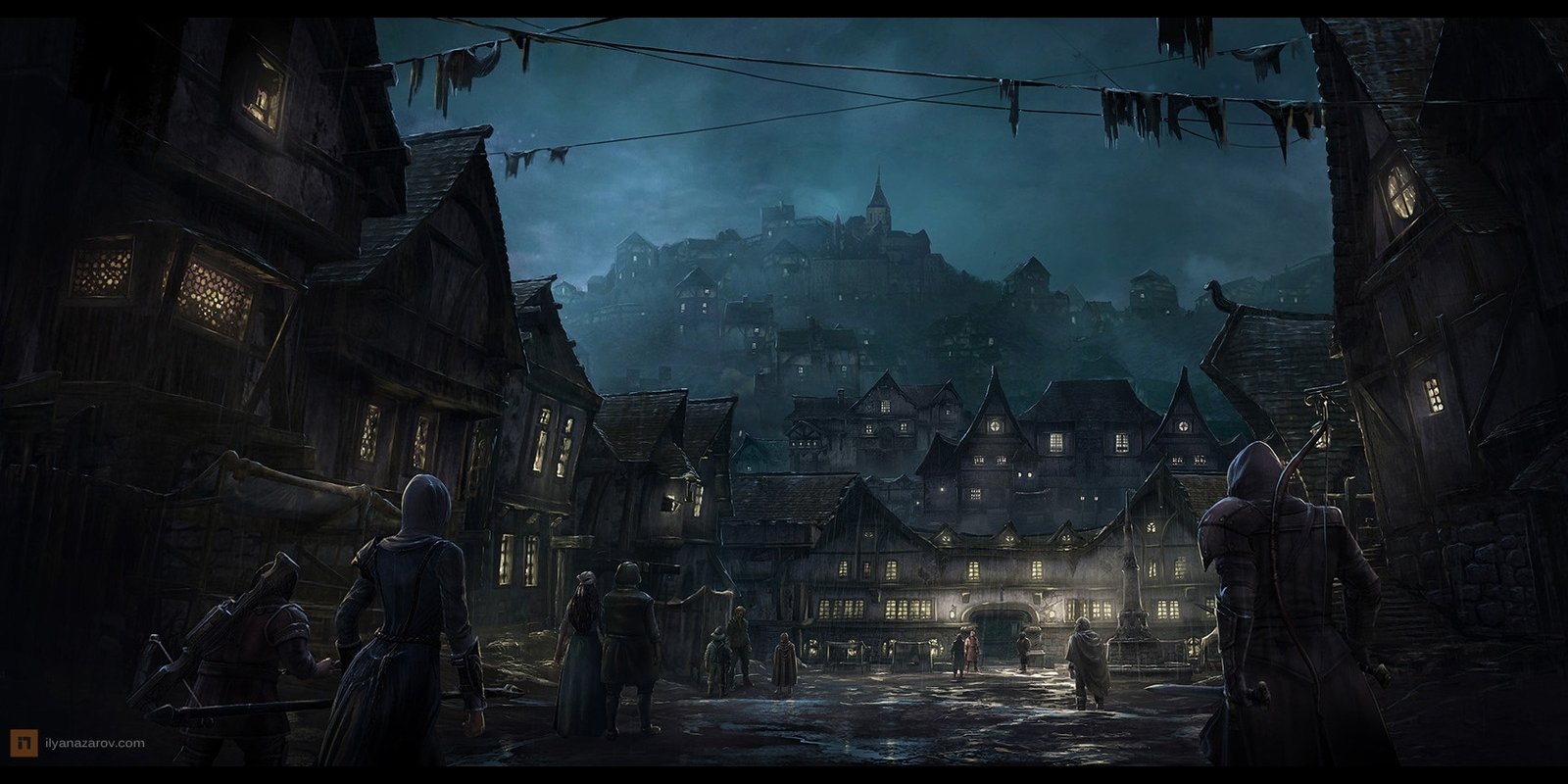 Dark, rainy village scene at night from the video game The Lord of the Rings: War in the North, featuring medieval buildings and cloaked figures in the foreground.