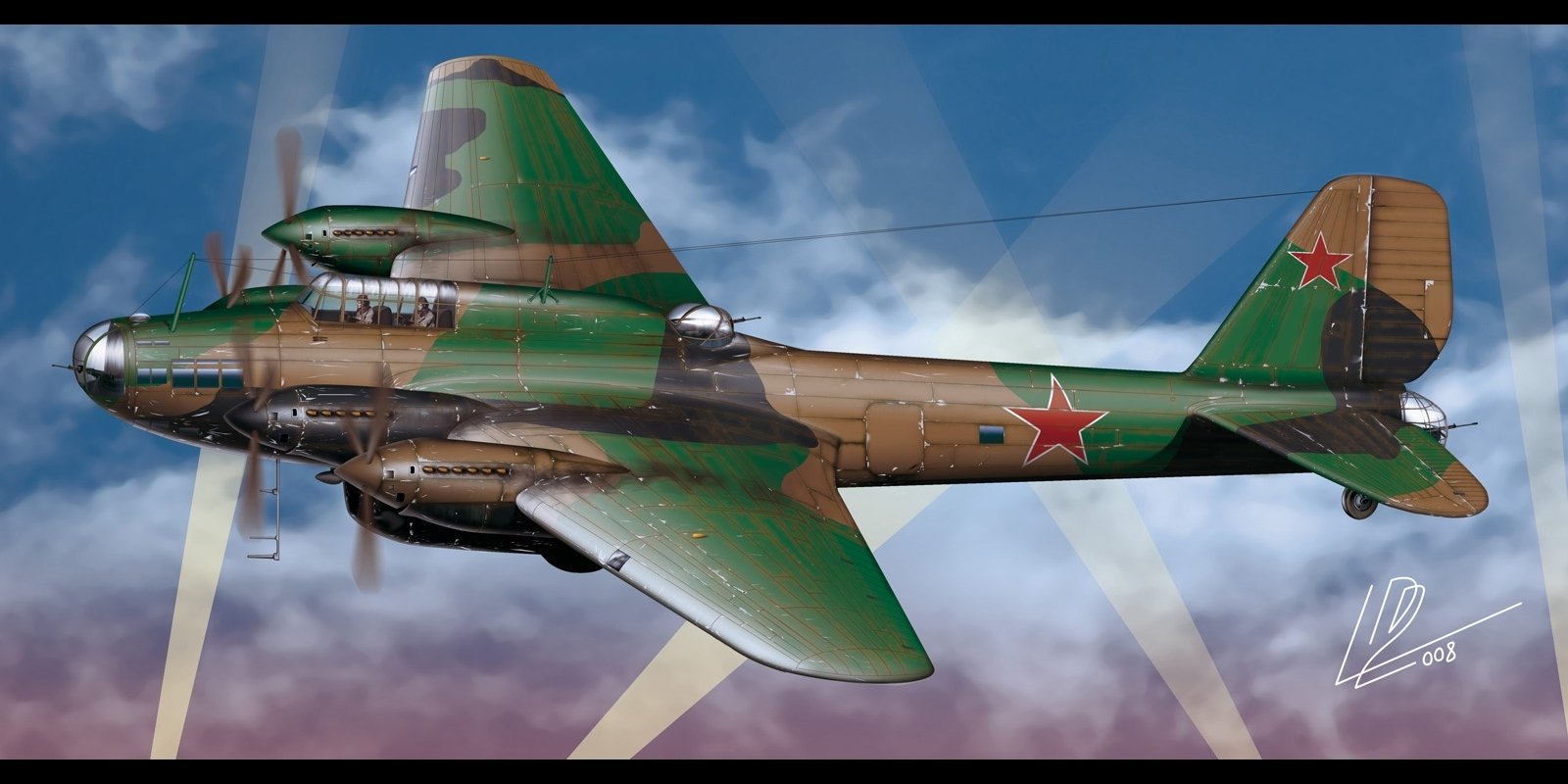 Military aircraft painted in green and brown camouflage, featuring red star insignias on the fuselage and tail, flying against a partly cloudy sky.