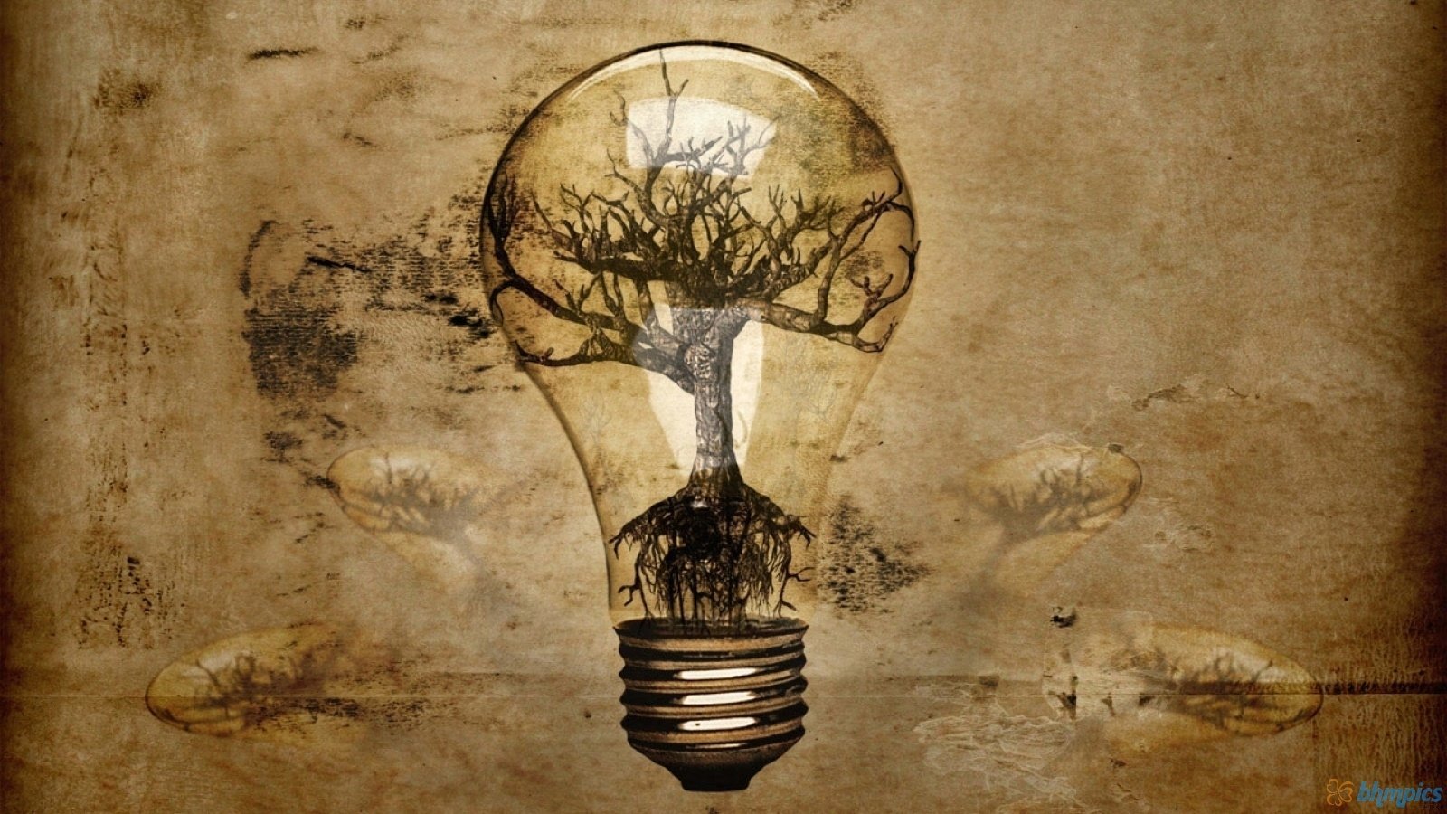 An artistic light bulb showcases a tree with intricate roots, symbolizing nature within a unique, imaginative design against a textured background.