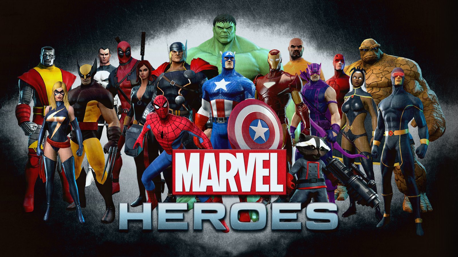 Comic scene showing Marvel Heroes assembled: Captain America, Hulk, Spider-Man, Wolverine and others standing together above the Marvel Heroes logo.