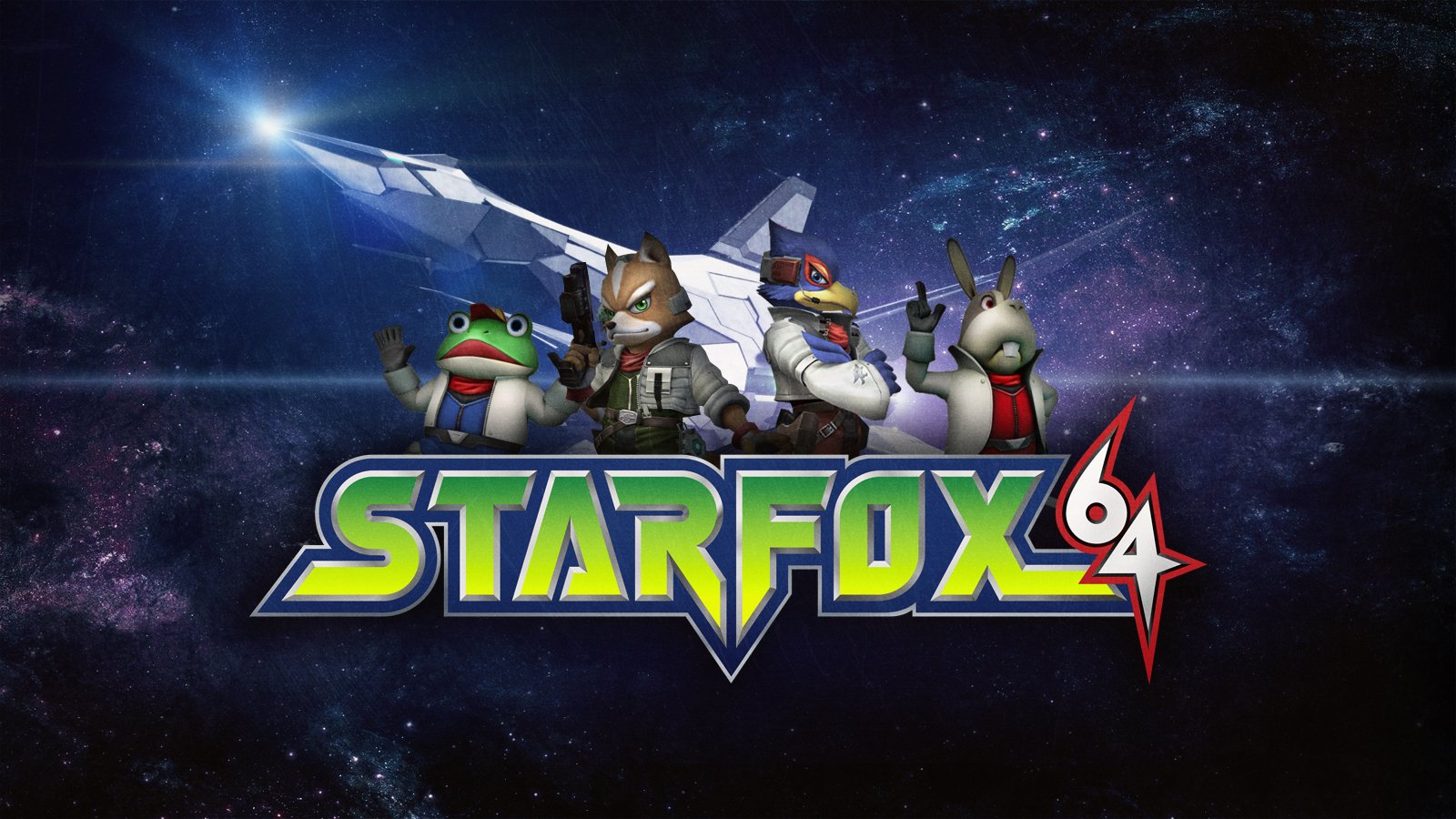 Star Fox 64 video game title card showing Fox McCloud in his Arwing with Falco, Peppy, and Slippy against a starry cosmic background.