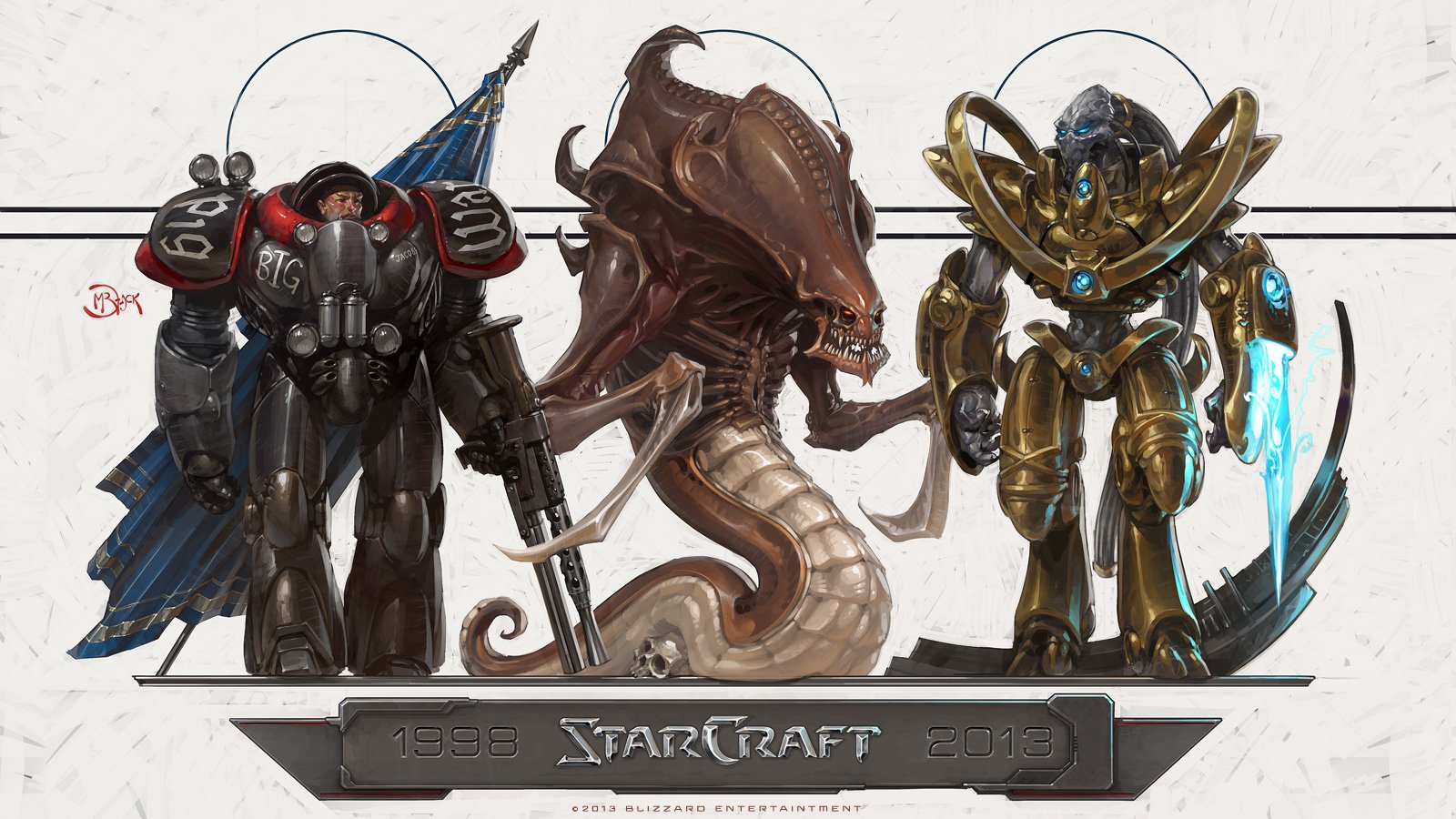 Artwork showcasing iconic StarCraft video game characters: a Terran marine, a Zerg hydralisk, and a Protoss warrior, each detailed with distinct armor and weapons.