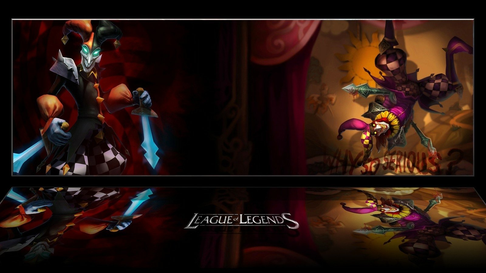 Shaco from League of Legends is depicted in two dynamic video game scenes, showcasing his sinister jester appearance and dual daggers in a dark, theatrical setting.