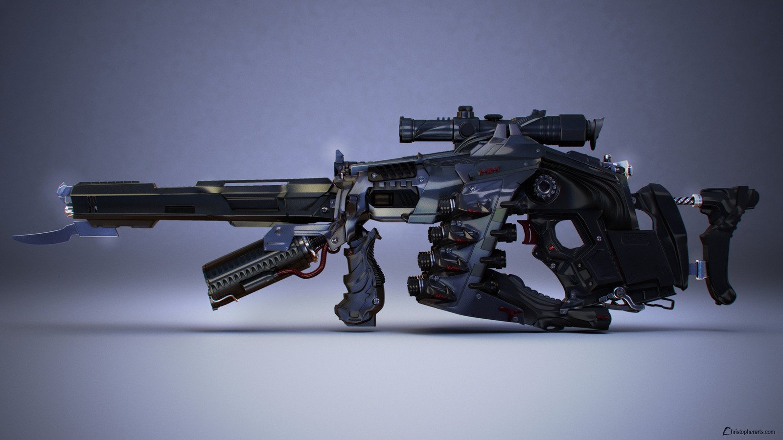Futuristic sci-fi weapon combining elements of a revolver and a high-tech rifle with advanced attachments and a sleek, mechanical design.