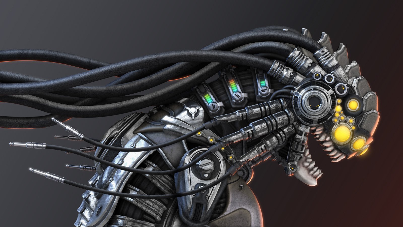 A futuristic sci-fi robot with intricate metallic details and glowing yellow eyes, featuring multiple cables and connectors, showcasing advanced technology and design.