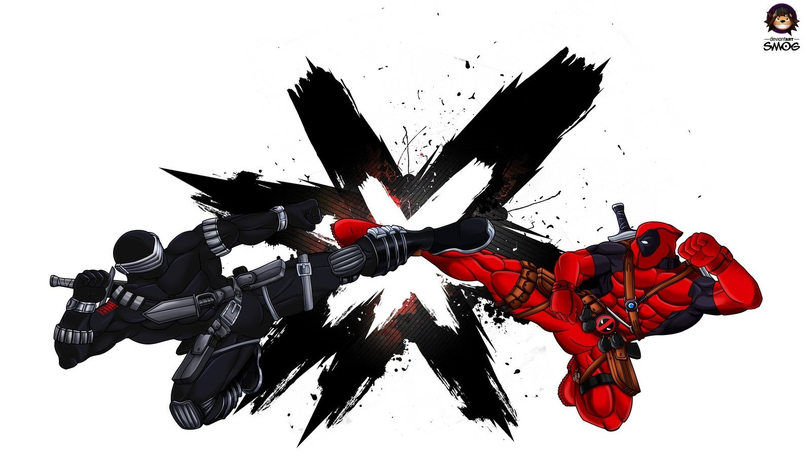 A dynamic comic-style collage featuring Deadpool and Snake Eyes from G.I. Joe, engaged in an action-packed duel against a striking black backdrop.