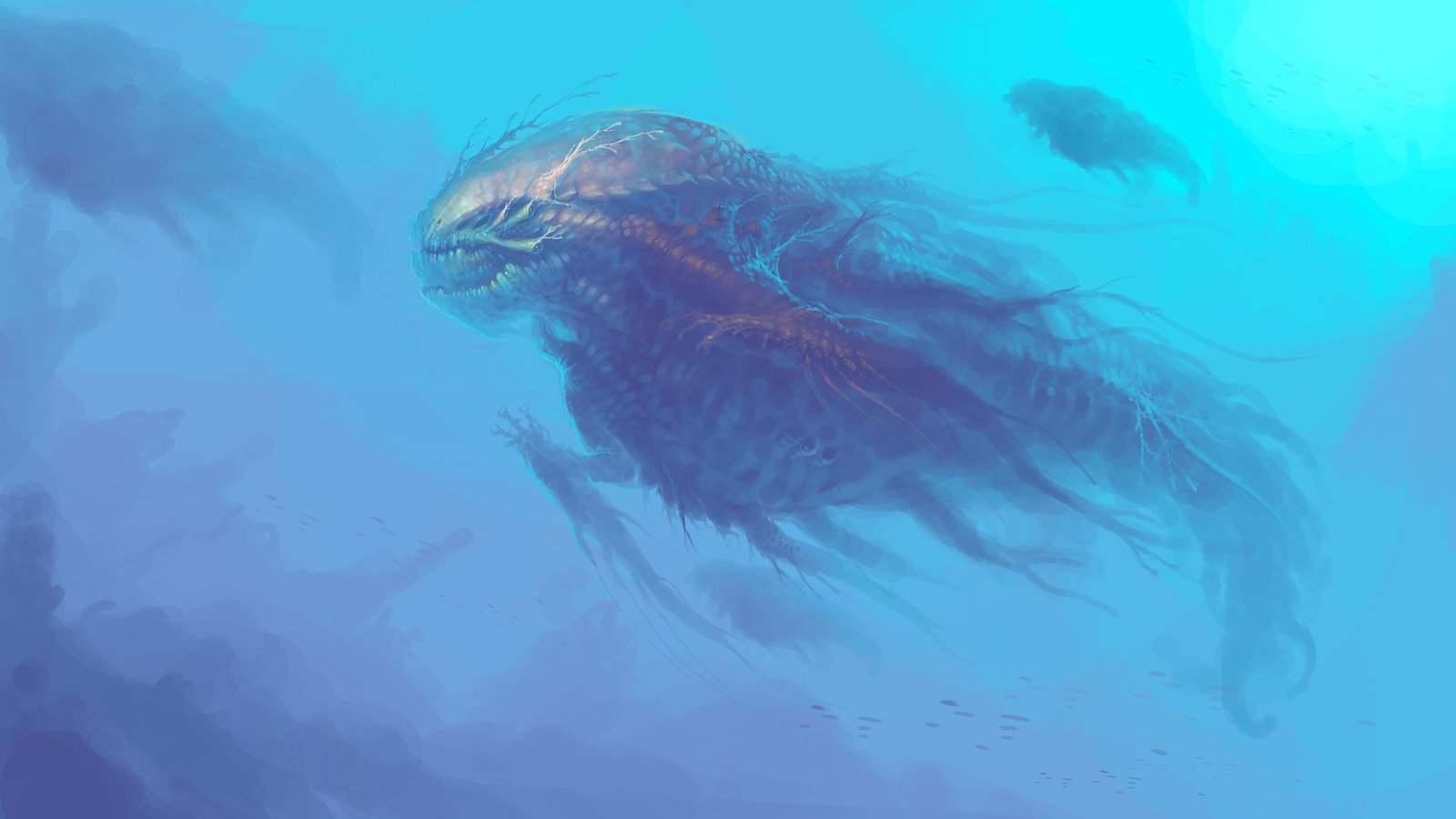 A massive fantasy sea monster with tentacles swims through the deep blue ocean, surrounded by smaller aquatic creatures in a mysterious underwater scene.