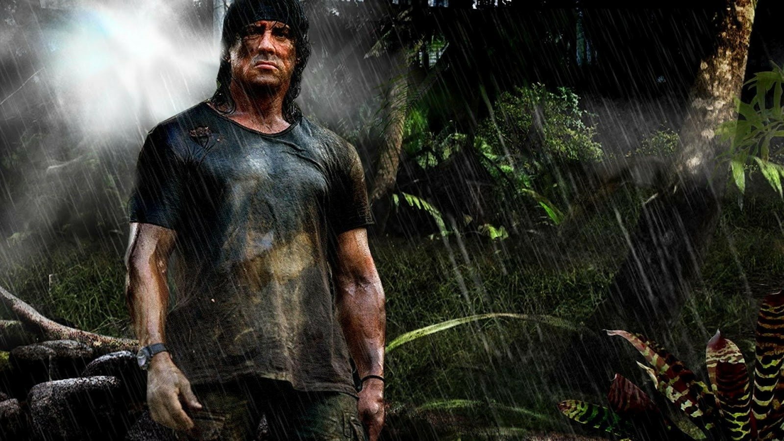 A rugged figure stands in a rain-soaked jungle, embodying the spirit of action and survival from the movie Rambo, surrounded by dense foliage and dramatic weather.