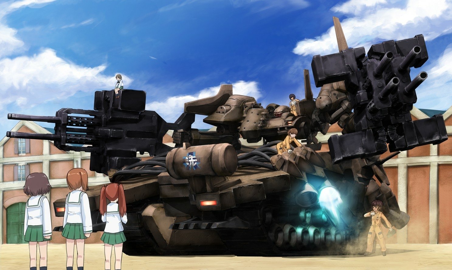 An armored core mech with Girls und Panzer anime characters standing nearby in a crossover scene set against a clear blue sky and urban background.