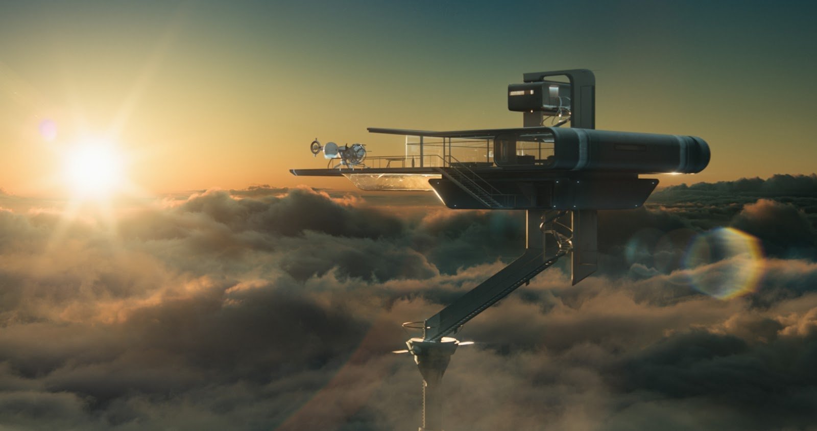 Futuristic floating structure above clouds at sunset, from the movie Oblivion (2013).