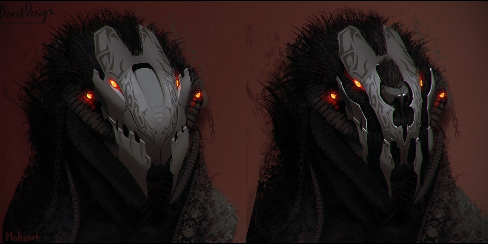 A dark sci-fi creature with glowing red eyes and a metallic, skull-like mask set against a deep red background.