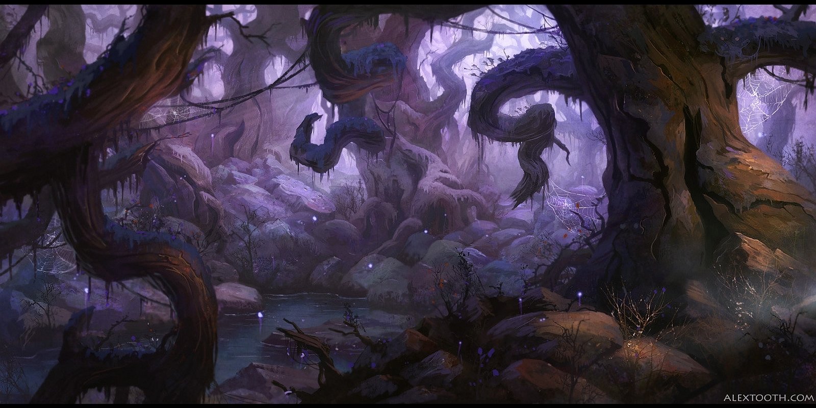 Twilight fantasy landscape: a twisted, fog-filled swamp of gnarled trees and hanging roots, with purple mist and glassy pools reflecting ghostly lights.
