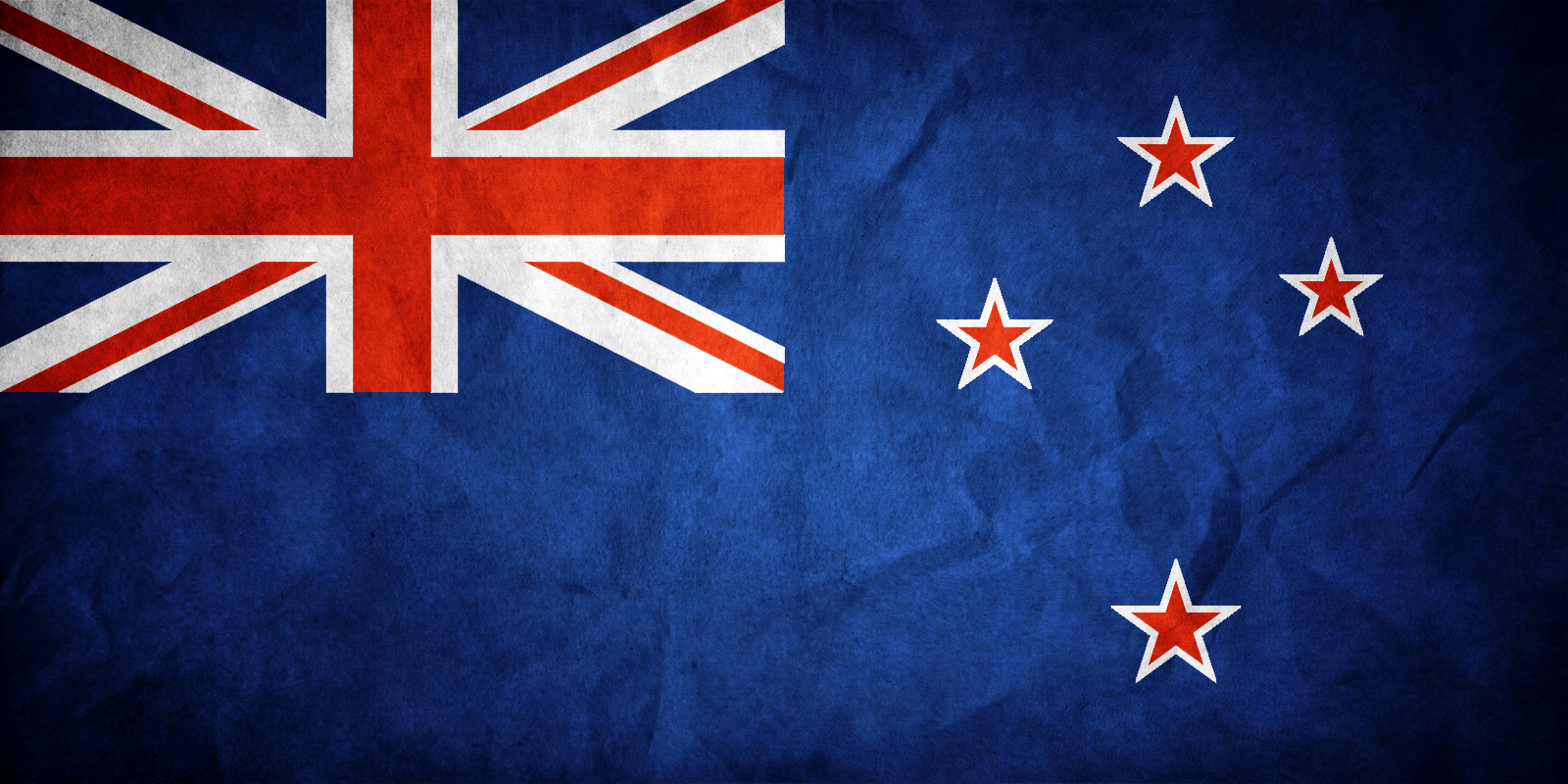 The image shows the flag of New Zealand with a textured dark blue background, featuring the Union Jack in the top left and four red stars with white borders on the right.