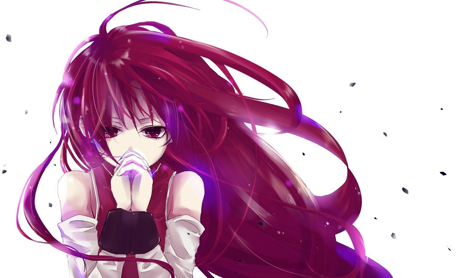 Kyōko Sakura from Puella Magi Madoka Magica is depicted with long flowing red hair and a serious expression against a white background.