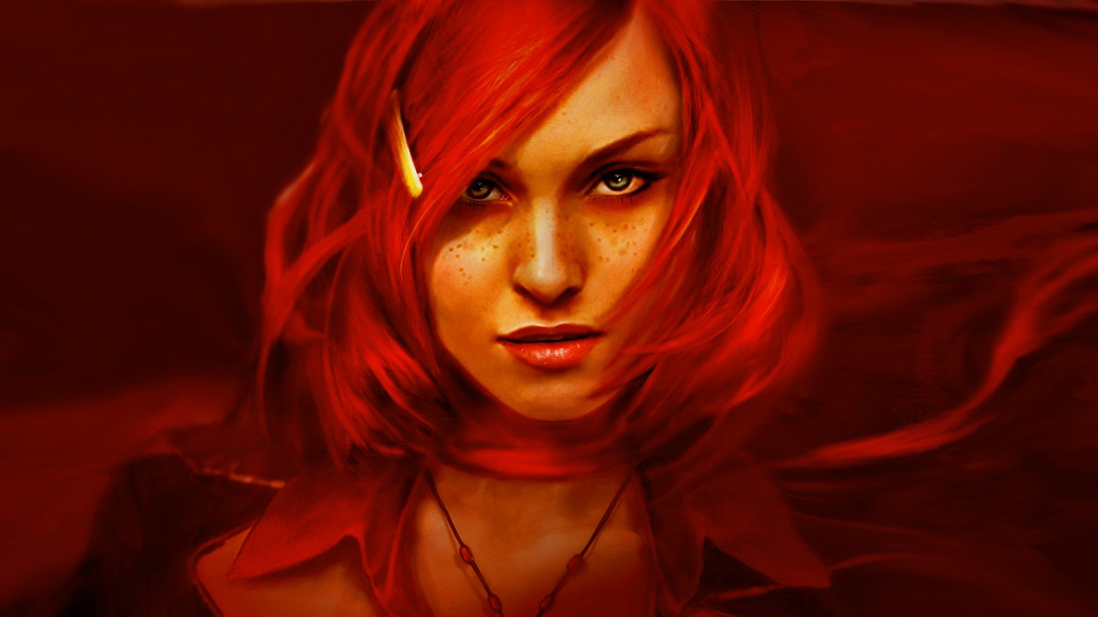 A striking character from a video game, featuring fiery red hair and intense eyes, embodies strength and resilience, wielding a .45 with unwavering faith.