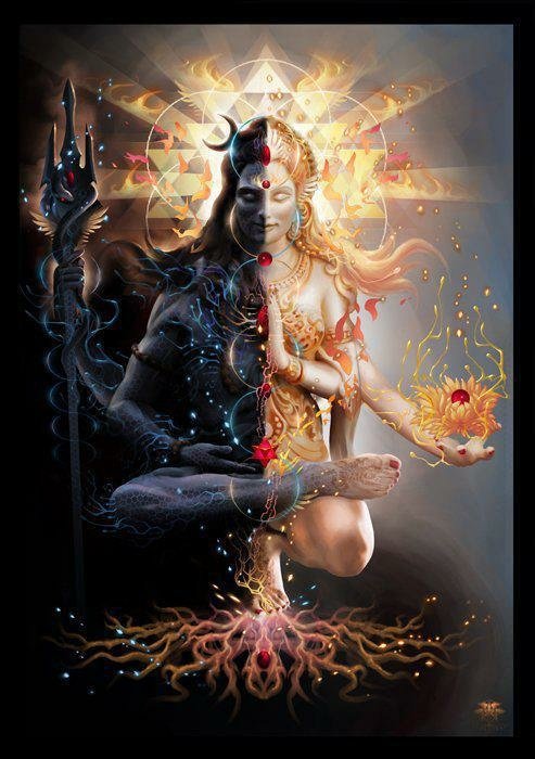 A deity with a trident, depicted in a fantasy style, balances light and dark within an ethereal setting, surrounded by vibrant flames and intricate geometric patterns.