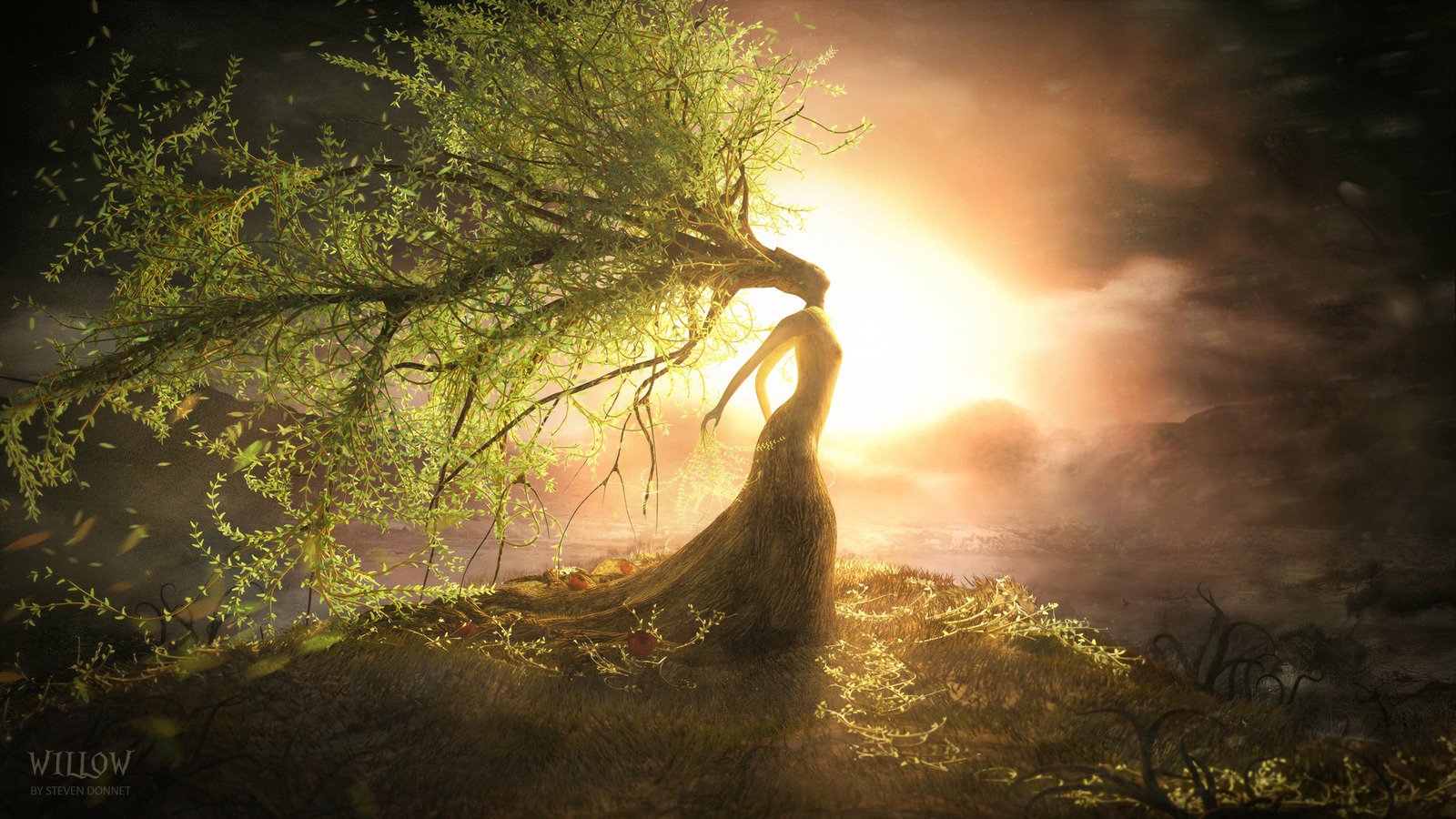 A fantastical sylvan figure emerges from a vibrant landscape, her form entwined with twisted branches and leaves, illuminated by warm sunlight in a dreamlike setting.
