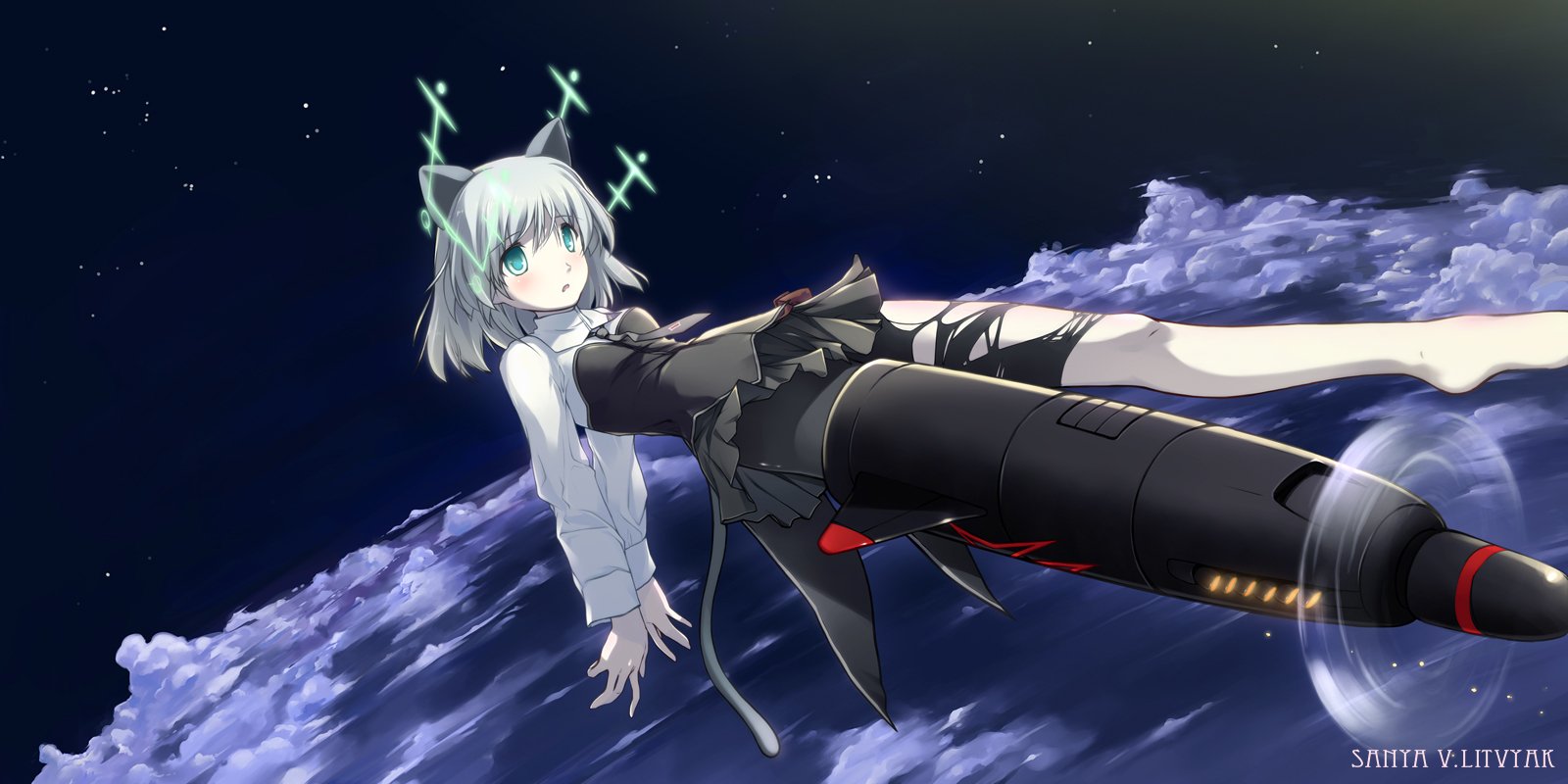 Anime-style Strike Witches character with silver hair and teal eyes, wearing a dark uniform and a mechanized Striker Unit, reclining above clouds under a starry night sky.