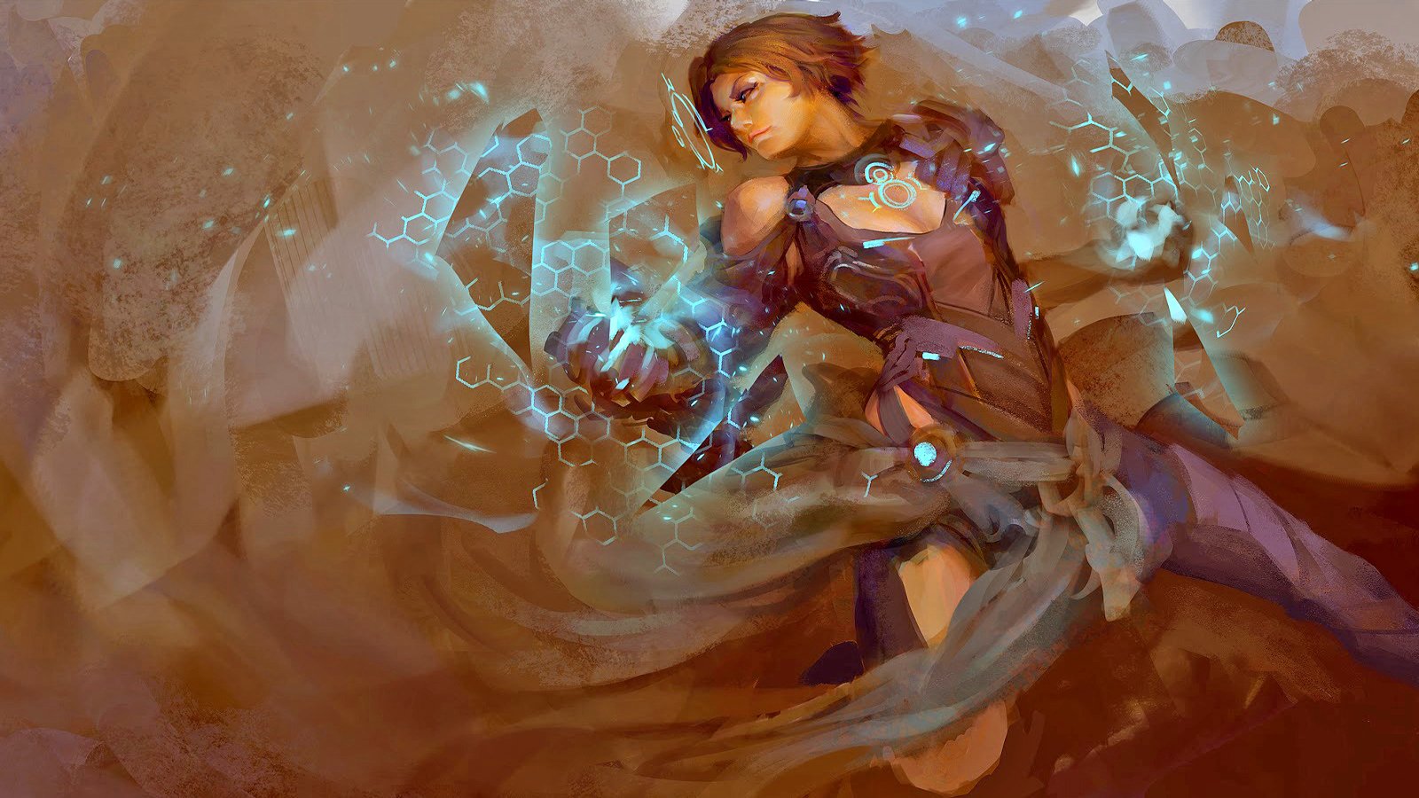 A cyberpunk-themed character from the video game Shadowrun uses glowing, blue magical powers against a dynamic, abstract background.