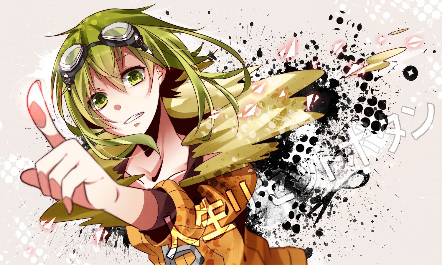 Anime-style illustration of GUMI from Vocaloid, featuring her distinctive green hair, goggles, and dynamic pose with vibrant abstract background elements.