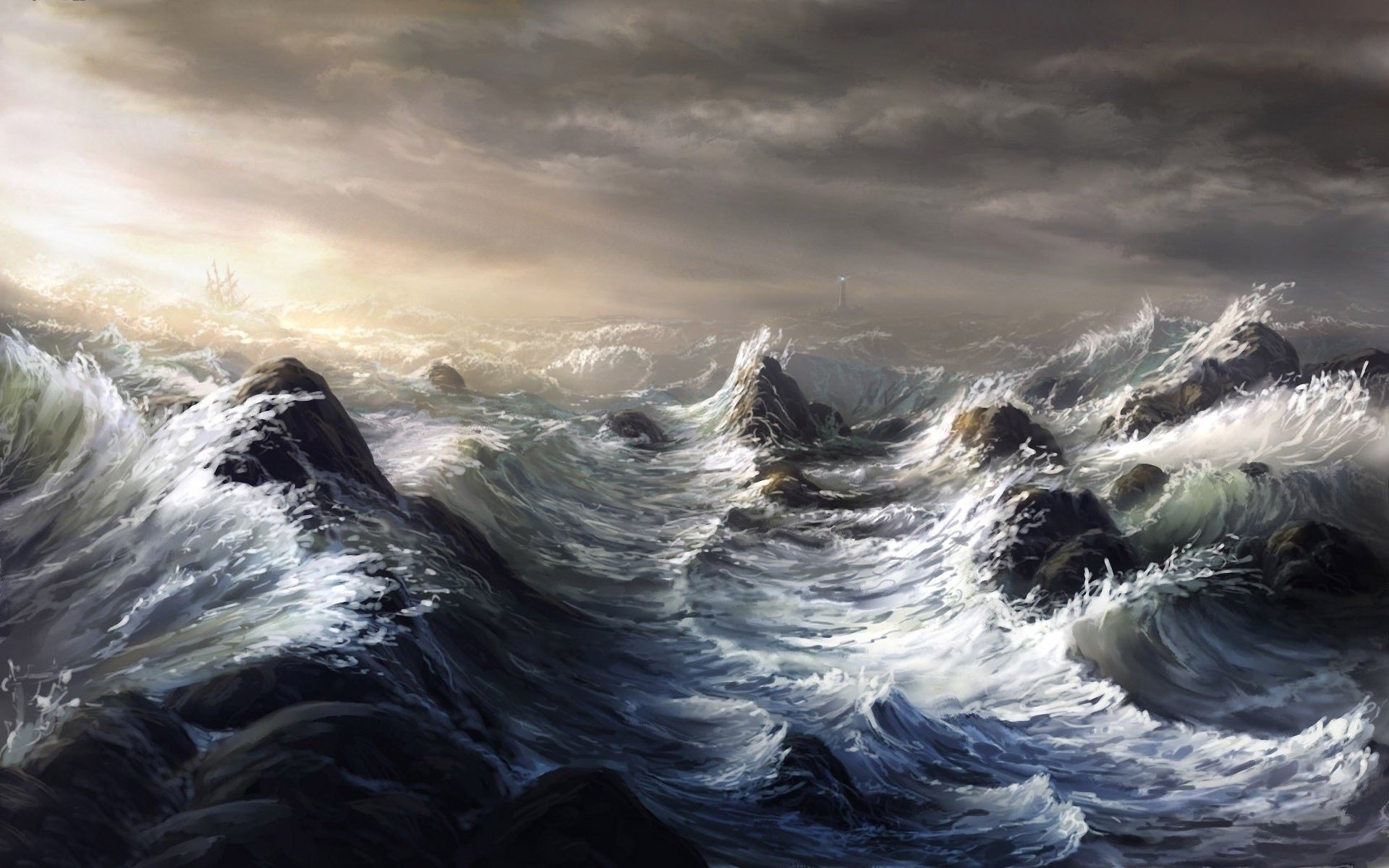 A dramatic ocean scene captures turbulent waves crashing against dark rocks under a moody sky, showcasing the raw beauty of nature.