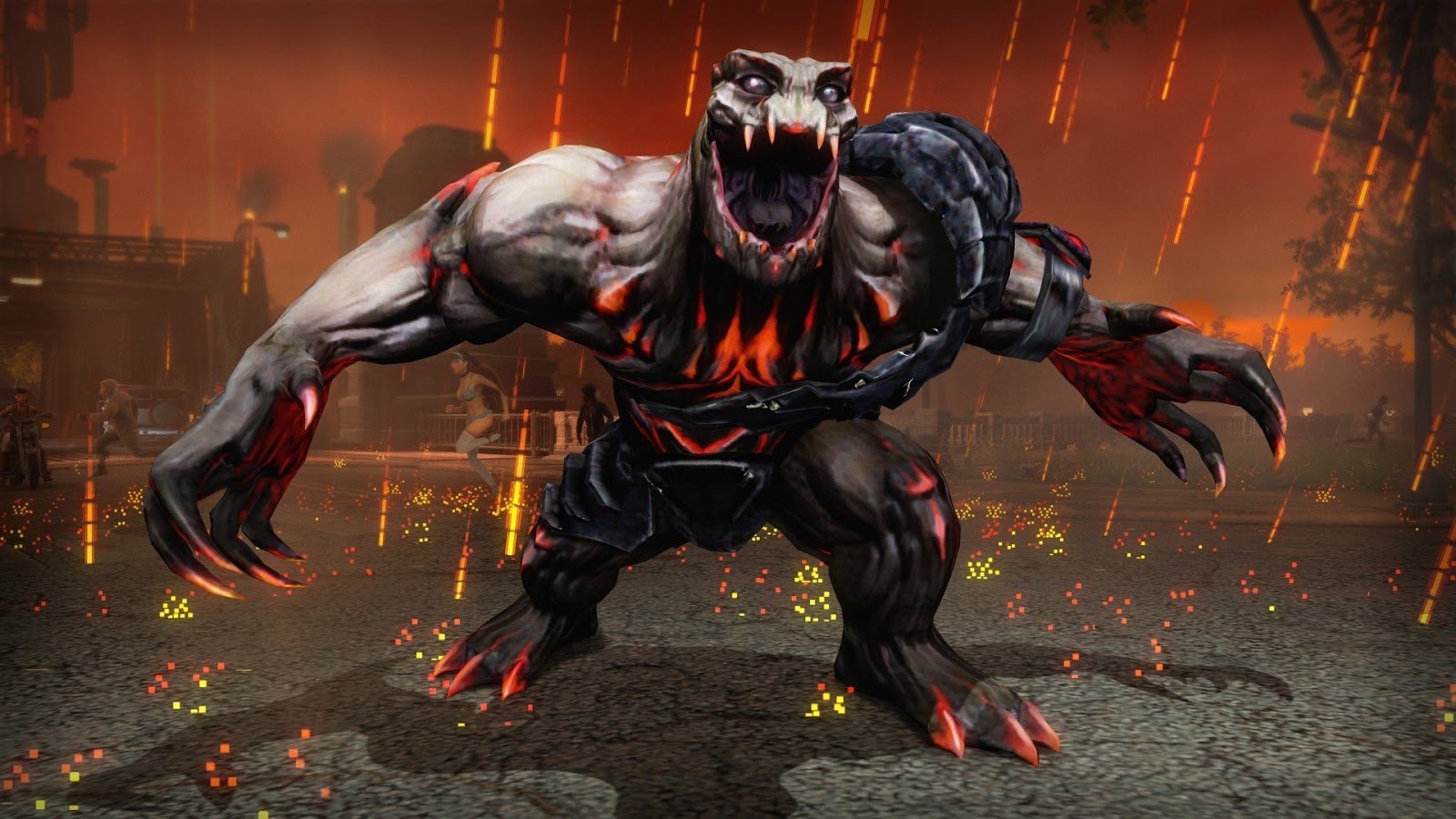 A monstrous creature with a muscular build and fiery accents from the video game Saints Row IV stands menacingly against a dramatic, fiery backdrop.