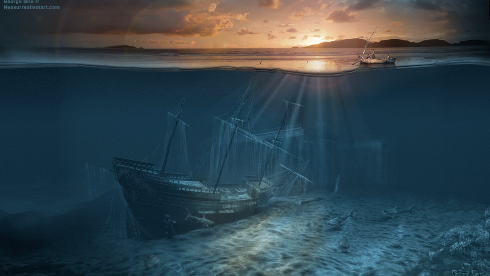 A fantastical scene featuring a ship submerged underwater, illuminated by sunlight filtering through the surface, with a distant horizon and gentle waves in the background.