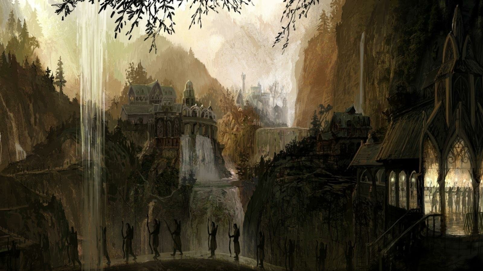 A mystical landscape inspired by fantasy, showcasing a grand elven city from The Lord of the Rings, with cascading waterfalls and intricate architecture set against dramatic mountains.