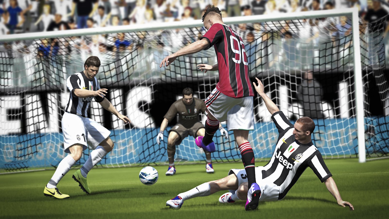 A dynamic scene from FIFA 14, featuring a player in a red jersey skillfully evading two opponents in black and white jerseys, with a goal in the background.