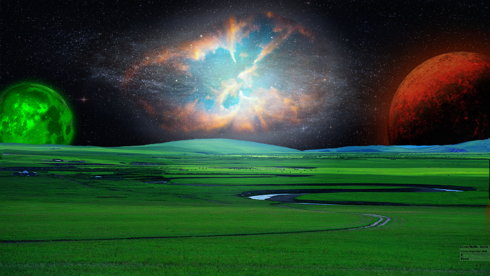 A vibrant sci-fi landscape on a Keppler 20 planet with green fields, winding paths, and colorful celestial bodies, including a glowing star, moon, Earth, and planets in space.