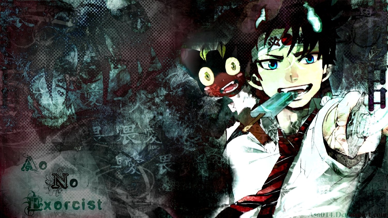 An anime scene from Blue Exorcist featuring a determined character holding a weapon, with a small creature by their side, set against a dark, textured background.