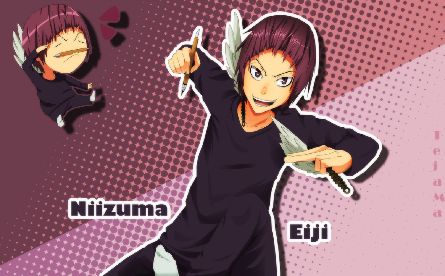 A vibrant illustration of Niizuma Eiji from the anime Bakuman, featuring his dynamic pose and playful expression, showcasing his passion for manga creation.