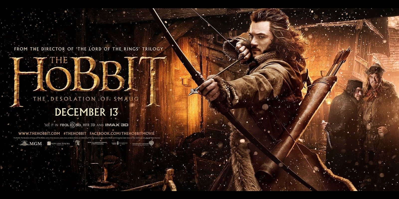 Poster for The Hobbit: The Desolation Of Smaug showing a hooded archer drawing a bow amid snowy, torchlit ruins with companions standing behind.